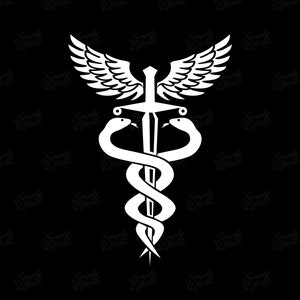 Op de afbeelding: Een wit caduceus-symbool met een zwaard en vleugels. Het symbool is een traditioneel medisch symbool.