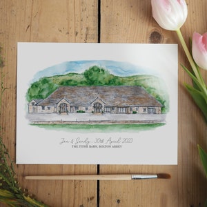 May include: A watercolour painting of a stone building with a brown roof. The building is surrounded by green trees and a blue sky. The text "Jane & Sandy, 30th April 2023, THE TITHE BARN, BOLTON ABBEY" is written below the building.