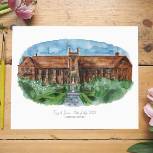 May include: A watercolour painting of Hatfield House, a large brick building with a blue sky and green trees. The text "Tony & Sean - 11th July 2022 Hatfield House" is at the bottom of the painting.