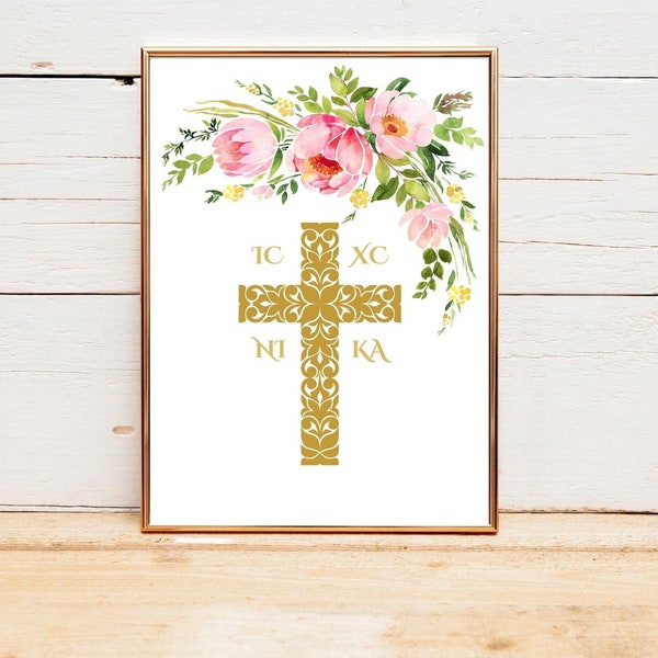 Printable gold cross with pink flowers, Ancient Greek symbols IC XC NIKA, Baptism gift, Greek Orthodox cross art, Εκτυπώσιμα