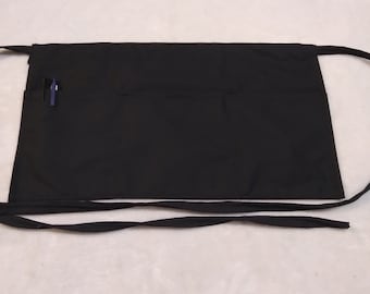 Small Size Black Waitress Server Bar Restaurant 3 Pocket Half Apron 18" x 10" with 6.5 " Pockets