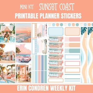 May include: A Sunset Coast mini kit of printable planner stickers for Erin Condren weekly kits. The sheet features beach-themed imagery, including a pool, ocean waves, a pink car, and a doorway, alongside labels for each day of the week.