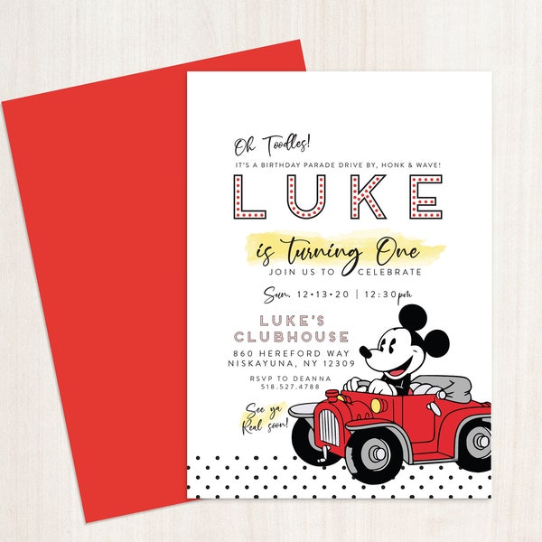 Vintage Mickey Mouse Drive-By Parade First Birthday Invitation *Digital Design Only*