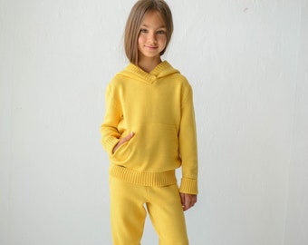 Yellow hoodie and joggers with pockets Yellow sweatshirt Trousers Hoodie pants set Knitted baby clothes Aesthetic hoodies Pants