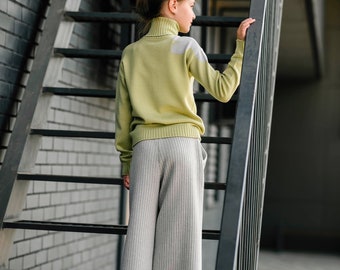 Culotte pants and turtleneck jumper with floral print Merino wool knitted sweater Palazzo pants Gaucho pants Wide leg trouser IN STOCK