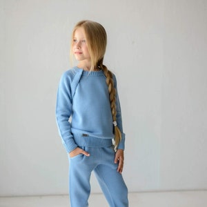Girl blue joggers and jumper Hoodie and sweatpants Jogging suit set Sweat suit Tracksuit bottoms Knitted baby clothes IN STOCK image 2