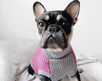 Grey-Fuchsia Houndstooth Colorful Dog Sweater//Sleeveless Turtleneck Pet Jumper//Merino Wool Knitted Pet Sweater//Custom Order