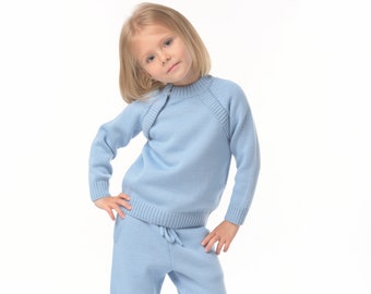 Blaue Merino Wolle Pullover mit Hose breite Bein Hose Joggers Hose gestrickt Baby Kleidung Vision Straße tragen lange Ärmel