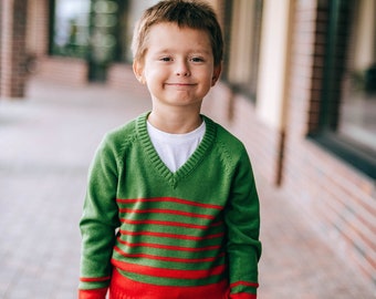 Green Striped V-neck Sweater//Boys Merino Long Sleeve Pullover//Green Jumper With Red Stripes