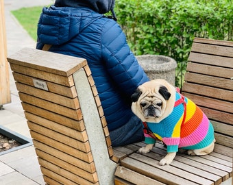 Colorful Stripes Cotton Knit Dog Sweater//Crew Neck Dog Pullover//Multicolor Knitted Pet Jumper