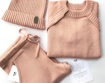 Gebreide kindertrui met magnetische knopen en broek//Jogger met zakken//Merino-kinderset 2-delige set