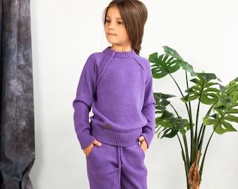 Children purple joggers and jumper Sweatshirt and sweatpants Jogging suit set Sweat suit Tracksuit bottoms Knitted baby clothes IN STOCK