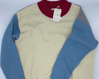 Katoenen gebreid damessweater met kleurvlakken / kleurrijke damessweater met ronde hals en lage mouwen