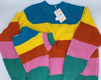 2 Piece Colorful Stripes Cotton Matching Sweaters For Dog and Owner//Crew Neck Chunky Twinning Sweaters//Multicolor Knitted Jumper