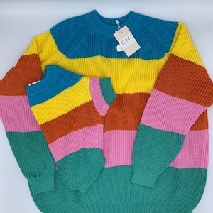 2 Piece Colorful Stripes Cotton Matching Sweaters For Dog and Owner//Crew Neck Chunky Twinning Sweaters//Multicolor Knitted Jumper image 1