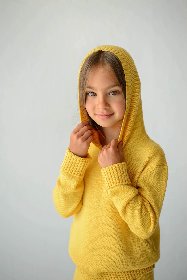 Yellow Kid/'s Hooded Sweater With Kangaroo PocketMerino Knitted HoodieCotton+Acrylic Kid/'s Sweatshirt