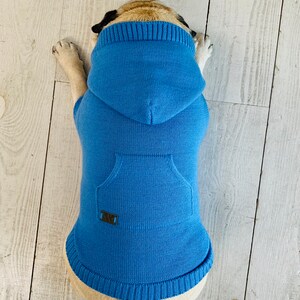Bright Blue Dog Hoodie Sweater with Kangaroo Pocket// Pet Hooded Jumper//Merino Wool Knitted Pet Hoodies//Dog Back Pocket Hoodie// image 2