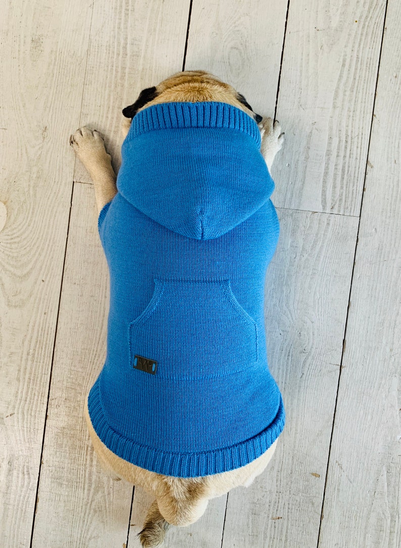 Bright Blue Dog Hoodie Trui met Kangaroo Pocket // Pet Hooded Jumper//Merino Wol Gebreide Pet Hoodies//Dog Back Pocket Hoodie// afbeelding 2