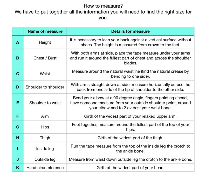 K&ouml;nnte beinhalten: Eine Tabelle mit Anweisungen, wie man verschiedene K&ouml;rperteile misst. Die Tabelle enth&auml;lt einen Buchstaben, den Namen der Messung und Details zur Messung. Zum Beispiel steht A f&uuml;r die K&ouml;rpergr&ouml;&szlig;e, und die Details zur Messung lauten: "Es ist notwendig, sich ohne Schuhe an eine vertikale Fl&auml;che zu lehnen. Die K&ouml;rpergr&ouml;&szlig;e wird von der Kopfkrone bis zu den F&uuml;&szlig;en gemessen."