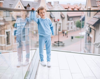 Blue sweater with buttons and joggers pants Merino wool Wide leg pants Knitted baby clothes Long sleeve Knitted set IN STOCK