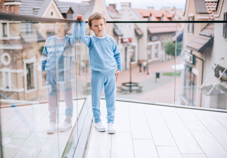 Blue sweater with buttons and joggers pants Merino wool Wide leg pants Knitted baby clothes Long sleeve Knitted set IN STOCK image 1