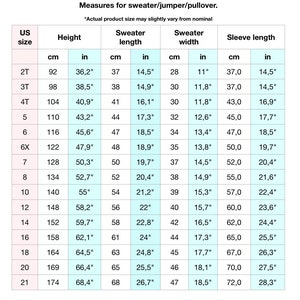 K&ouml;nnte beinhalten: Eine Tabelle mit Pullovergr&ouml;&szlig;en in US-Gr&ouml;&szlig;en, mit Ma&szlig;en in Zoll und Zentimetern f&uuml;r die H&ouml;he, die Pulloverl&auml;nge, die Pulloverbreite und die &Auml;rmell&auml;nge.
