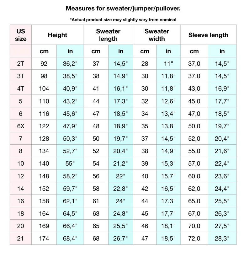K&ouml;nnte beinhalten: Eine Tabelle mit Pullovergr&ouml;&szlig;en in US-Gr&ouml;&szlig;en, mit Ma&szlig;en in Zoll und Zentimetern f&uuml;r die H&ouml;he, die Pulloverl&auml;nge, die Pulloverbreite und die &Auml;rmell&auml;nge.