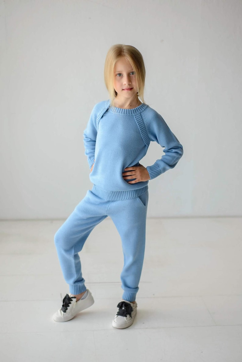 Girl blue joggers and jumper Hoodie and sweatpants Jogging suit set Sweat suit Tracksuit bottoms Knitted baby clothes IN STOCK image 3