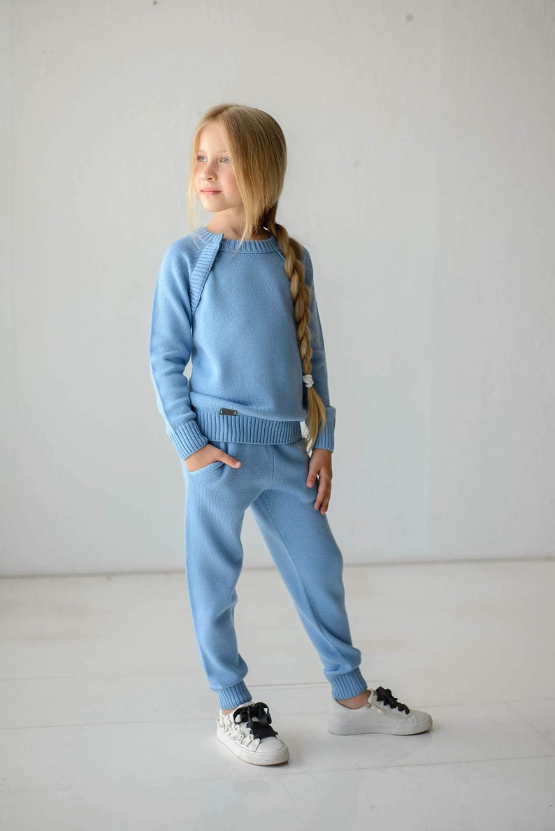 Girl blue joggers and jumper Hoodie and sweatpants Jogging suit set Sweat suit Tracksuit bottoms Knitted baby clothes IN STOCK image 2