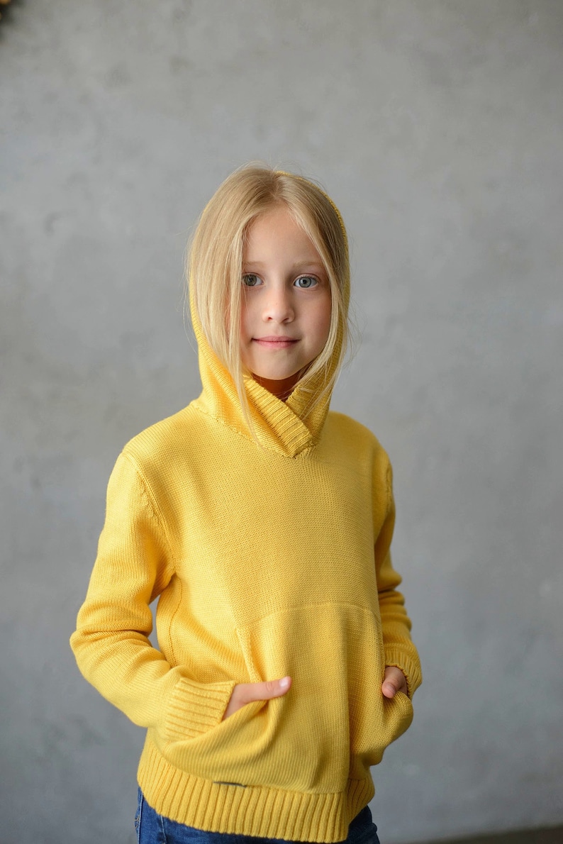 Yellow Kid/'s Hooded Sweater With Kangaroo PocketMerino Knitted HoodieCotton+Acrylic Kid/'s Sweatshirt