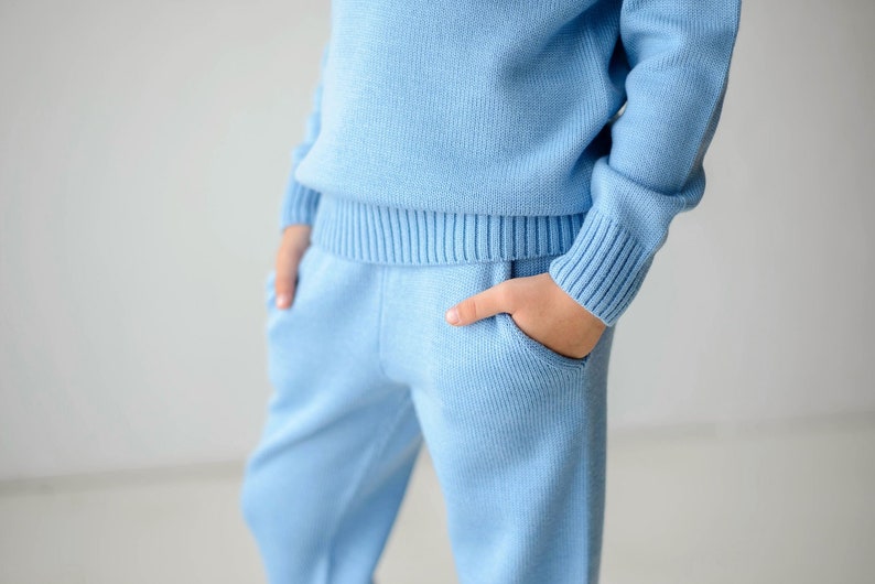 Girl blue joggers and jumper Hoodie and sweatpants Jogging suit set Sweat suit Tracksuit bottoms Knitted baby clothes IN STOCK image 4