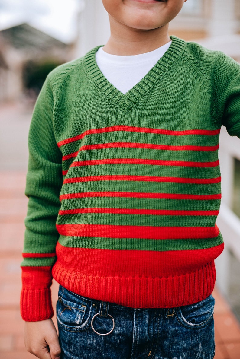 Green Striped V-neck SweaterBoys Merino Long Sleeve PulloverGreen Jumper With Red Stripes
