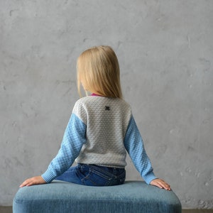 K&ouml;nnte beinhalten: Eine junge Person tr&auml;gt einen blau-grauen Pullover mit einem kleinen Logo auf dem R&uuml;cken und sitzt auf einer blauen gepolsterten Bank.