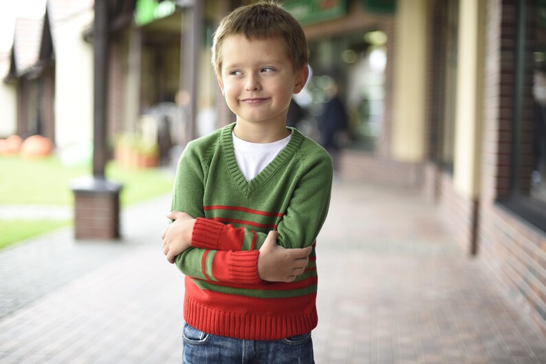 Green Striped V-neck SweaterBoys Merino Long Sleeve PulloverGreen Jumper With Red Stripes
