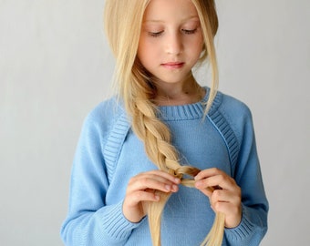 Blauwe 2-delige set merinowol meisjes//Meisjestrui met magnetische knopen en joggingbroek met zakken//Cadeau voor meisje