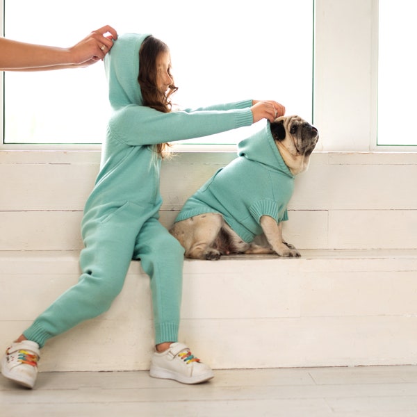 Dog and Owner Merino Matching Hoodie Set //Kid's Merino Jumpsuit//Dog's Knitted Hoodie//Twinning Dog Owner 2 Piece Set
