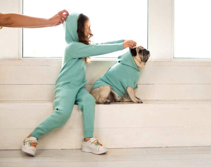 Dog and Owner Merino Matching Hoodie Set //Kid's Merino Jumpsuit//Dog's Knitted Hoodie//Twinning Dog Owner 2 Piece Set