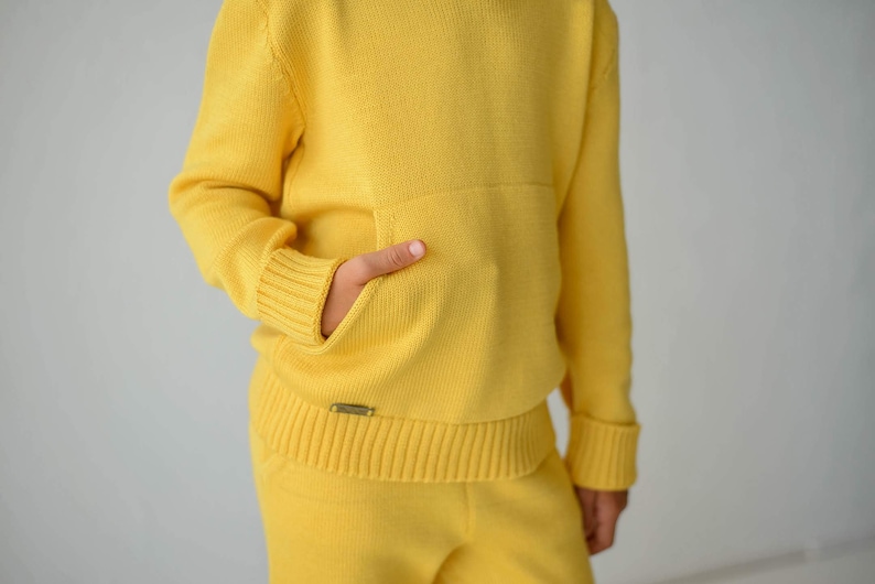 Yellow Kid/'s Hooded Sweater With Kangaroo PocketMerino Knitted HoodieCotton+Acrylic Kid/'s Sweatshirt