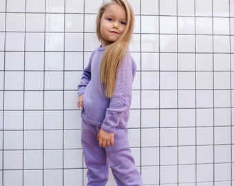 Girl Knit Braid Sweater and Pants with Pockets//Merino Knitted Kids Clothes//Casual Merino Braid Jumper//Girl Wide Leg Pants and Sweater