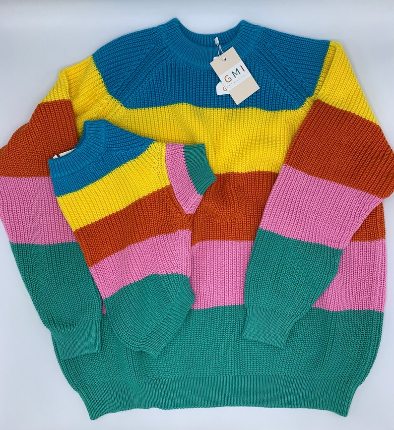 2 Piece Colorful Stripes Cotton Matching Sweaters For Dog and Owner//Crew Neck Chunky Twinning Sweaters//Multicolor Knitted Jumper image 1