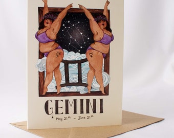 Horoscope greeting card, Zodiac birthday card, Gemini card, Star sign greeting card, Quirky card