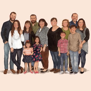 Grupo grande Retratos familiares personalizados, Ilustración de retratos familiares en acuarela, pintados a partir de varias fotos, Regalo especial