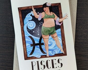 Horoscope greeting card, Zodiac birthday card, Pisces card, Star sign greeting card, Quirky card