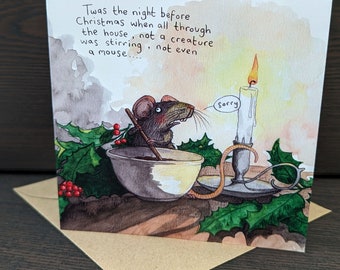 Twas the night before Christmas card, Funny mouse greeting card, Cute animal Christmas card