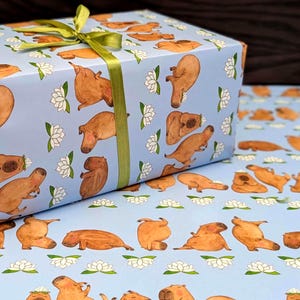 May include: A wrapped gift box featuring light blue wrapping paper with a repeating pattern of brown capybaras and white lotus flowers. The box is tied with a green ribbon. The wrapping paper is also visible in the background.