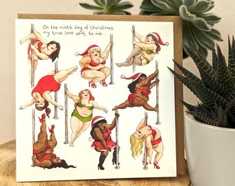 Carte de Noël de pole dance, carte de vœux du 9ème jour de Noël, carte de danse de neuf dames, carte de Noël, carte drôle