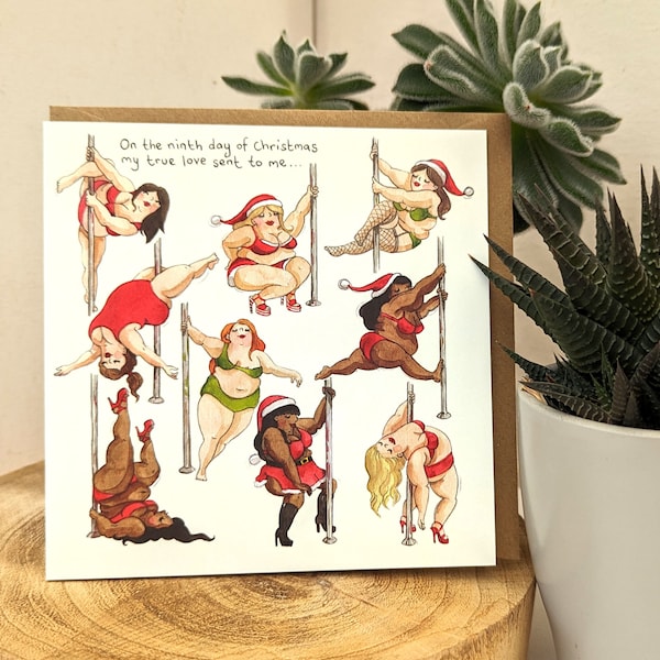 Pole dancer Christmas card, 9th day of Christmas greeting card, Nine ladies dancing card, Christmas card, Funny card