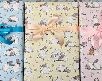 sleepy sheep wrapping paper, new baby gift wrap, christening paper, baby boy, baby girl, gender neutral baby wrapping paper