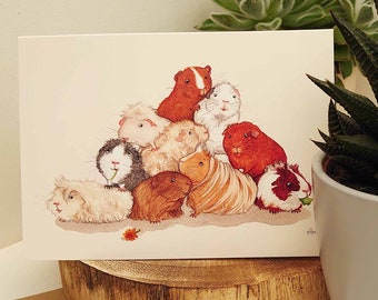 May include: A greeting card featuring a watercolour illustration of a group of guinea pigs in a pyramid shape. The guinea pigs are various colours, including white, brown, black, and red.