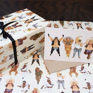 May include: Gift wrap and a greeting card featuring illustrations of diverse figures in various poses. The gift wrap is beige with a repeating pattern of the figures. The card shows five figures in a row. A black ribbon ties the gift wrap.